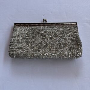 Vintage  silver Beaded  Palm Tree Evening Clutch Envelope Purse